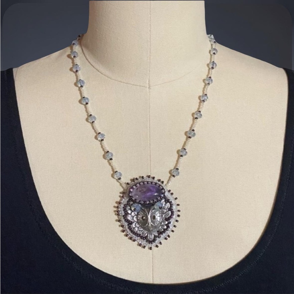 Amethyst Owl Bead Embroidered Crystal Necklace - Picture 3 of 13